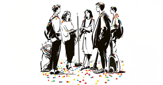 Schwarz-weiße Illustration junger Menschen, die im Kreis stehen und sich unterhalten. Auf ihren Schultern und dem Boden liegt buntes Konfetti. Sie haben Aufräumutensilien wie Staubsauger, Besen und Müllbeutel dabei.