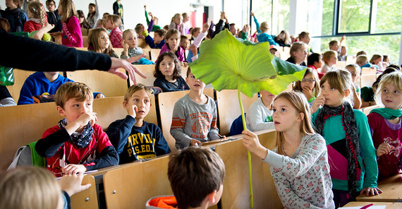 Kinder in einem Hörsaal staunen über ein sehr großes Blatt