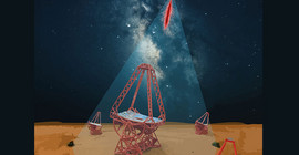 Visualisierung der H.E.S.S.-Teleskopanordnung zur Erfassung der Teilchenschauer, die von hochenergetischen kosmischen Elektronen und Positronen sowie von Gammastrahlen erzeugt werden.