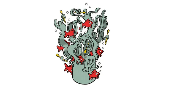 Illustration im Comic-Design: Ein Kopftopf, der am oberen Rand zu algenähnlichen bewegten Strukturen wird. Die Strukuren halten vereinzelt Esslöffel. In farblichem Kontrast schwimmen durch die blassgrünen "Algen" knallrote Fische und Luftbläschen.