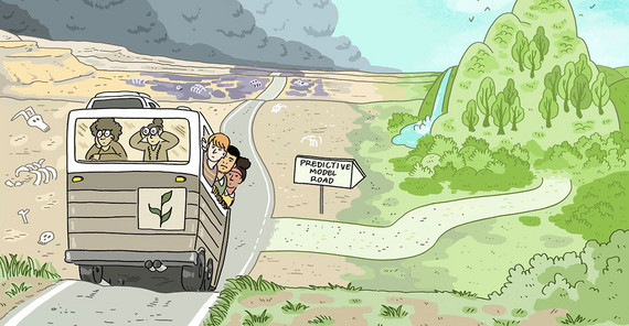 Illustration: Ein Bus mit forschenen Menschen fährt auf den Betrachter zu. Hinter dem Bus links ist ödes Land zu sehen. Rechts hinter dem Bus zweigt ein Weg in eine idyllische Landschaft ab. Ein Wegweiser in dieses Gebiet trägt die Aufschrift: "PREDICTIVE MODEL ROAD"