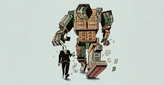 Illustration: Mensch im Anzug läuft erklärend neben einer doppelt so großen Figur. Diese ähnelt einem eckigen humanoiden Roboter, der allerdings aus Büroartikeln wie Aktenschränken, Ordnern, Akten und Stempeln aufgebaut ist.
