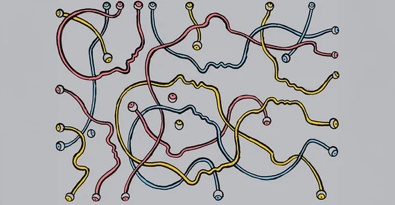 Illustration auf grauem Grund. Viele verschiedene Kabel bilden die Umrisse von menschlichen Profilen. Die Enden erinnern an Augäpfel und stellen diese in den Gesichtern dar.