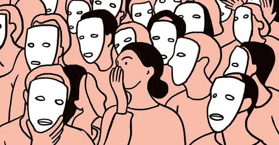 Digitale Zeichnung mit einfachen Linien und Farben: Blick in eine Menge von Menschen. Alle bis auf eine Person in der Mitte tragen weiße simple Masken. Sie flüstert hinter vorgehaltener Hand. Viele scheinen ihr zuzuhören.