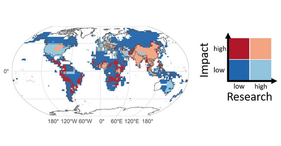 Globale Karte der Forschungsaktivitäten (Research) in Relation zum Auftreten (Impact) von Hochwasser Globale Karte der Forschungsaktivitäten (Research) in Relation zum Auftreten (Impact) von Hochwasser.