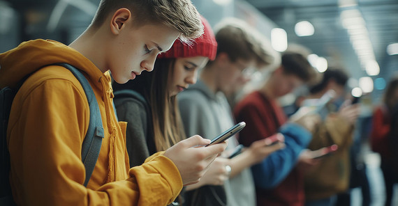 Junge Menschen schauen auf ihr Smartphone.
