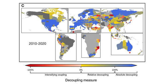 Decoupling rates between CO2 emissions and gross regional product across the world. The map illustrates decadal regional decoupling rates for the period 2010 to 2020.