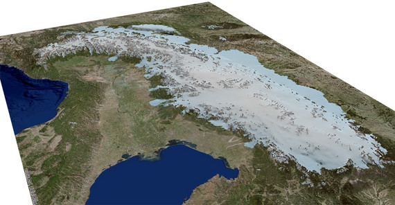3d-Modell der alpinen Eiskappe während des letzten glazialen Maximums (Quelle: Jürgen Mey)
