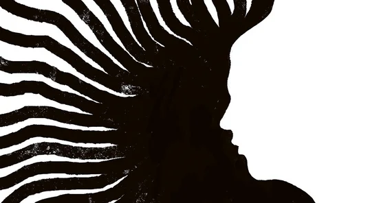 Illustration in Schwarz-Weiß: Menschlicher Kopf im Profil in Weiß. dahinter in Schwarz von dem Kopf ausgehend sonnenstrahlenartige Wellen.