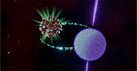 Artistic representation of a neutron star and an atomic nucleus.