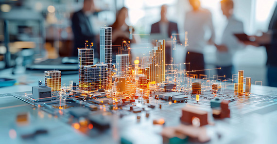 Model of a city on a table with illuminated networks on it