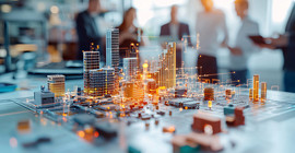 Model of a city on a table with illuminated networks on it