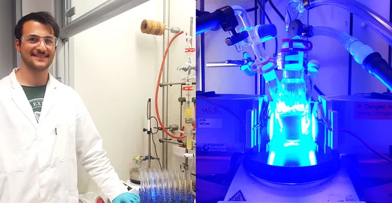 Links: Dr. Stefano Mazzanti im Labor / Rechts: photokatalytischer Reaktor
