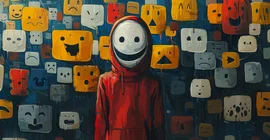 Grafik mit einer maskierten Figur, dahinter viele Icons mit Gesichtern