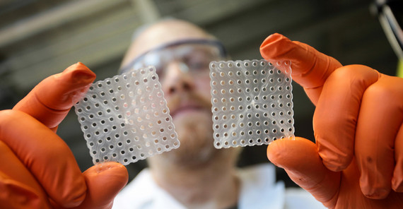 Fraunhofer-Institut für Angewandte Polymerforschung (IAP) Chemiker hält zwei PLA-Lochplatten in die Kamera.
