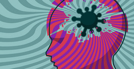 Symbolbild. Grafische Darstellung eines Kopfes von der Seite mit Corona-Virus.