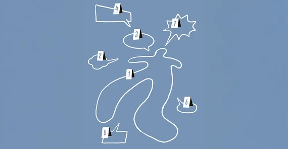 Illustration in Schwarz und Weiß auf blauem Grund: Kreideumriss eines Opfers auf dem Boden. Darum herum verschiedene Umrisse von Sprechblasen. Sie sind jeweils mit nummerierten Schildchen versehen.