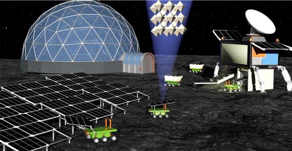 Computeranimierte Illustration der Mondoberfläche mit einer Anlage zur Produktion von Solarzellen.