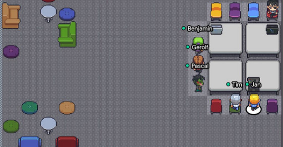 Sechs Figuren sitzen in einem gezeichneten Raum. Das Foto ist von Jan Bernoth und von Gathertown.