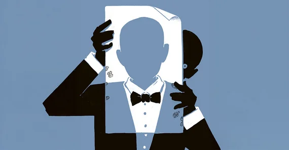 Illustration in Schwarz und Weiß auf blauem Grund: Symbolbild mit Figur in Smoking, die ein Bild vor sich hält.