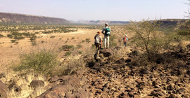 Drei Menschen vor einer Savannenlandschaft