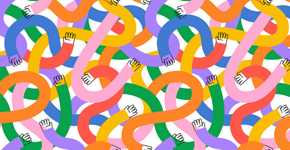 Symbolbild: Illustration von verschlungenen Armen und Händen. Die Ärmel sind bunt.