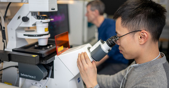 Van-Cuong Pham sitzt an einem Mikroskop.